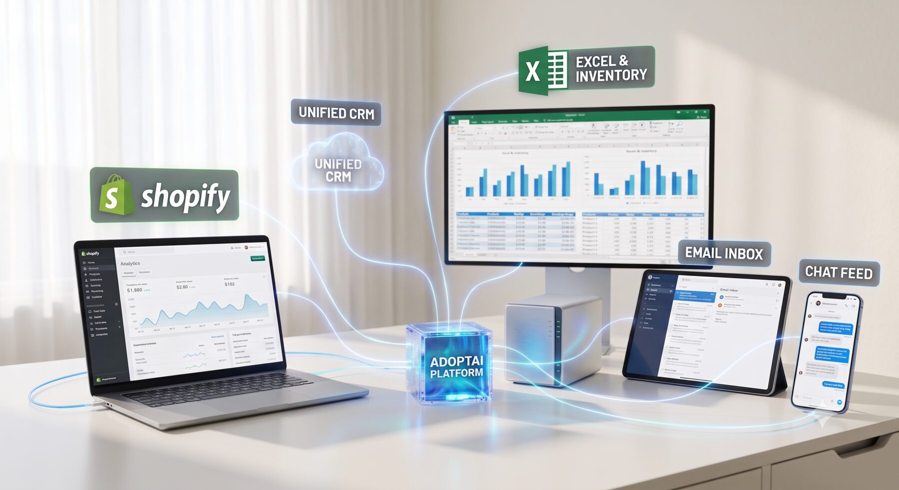 A business's scattered systems — webshop, spreadsheets, email, chat — connecting into one central platform